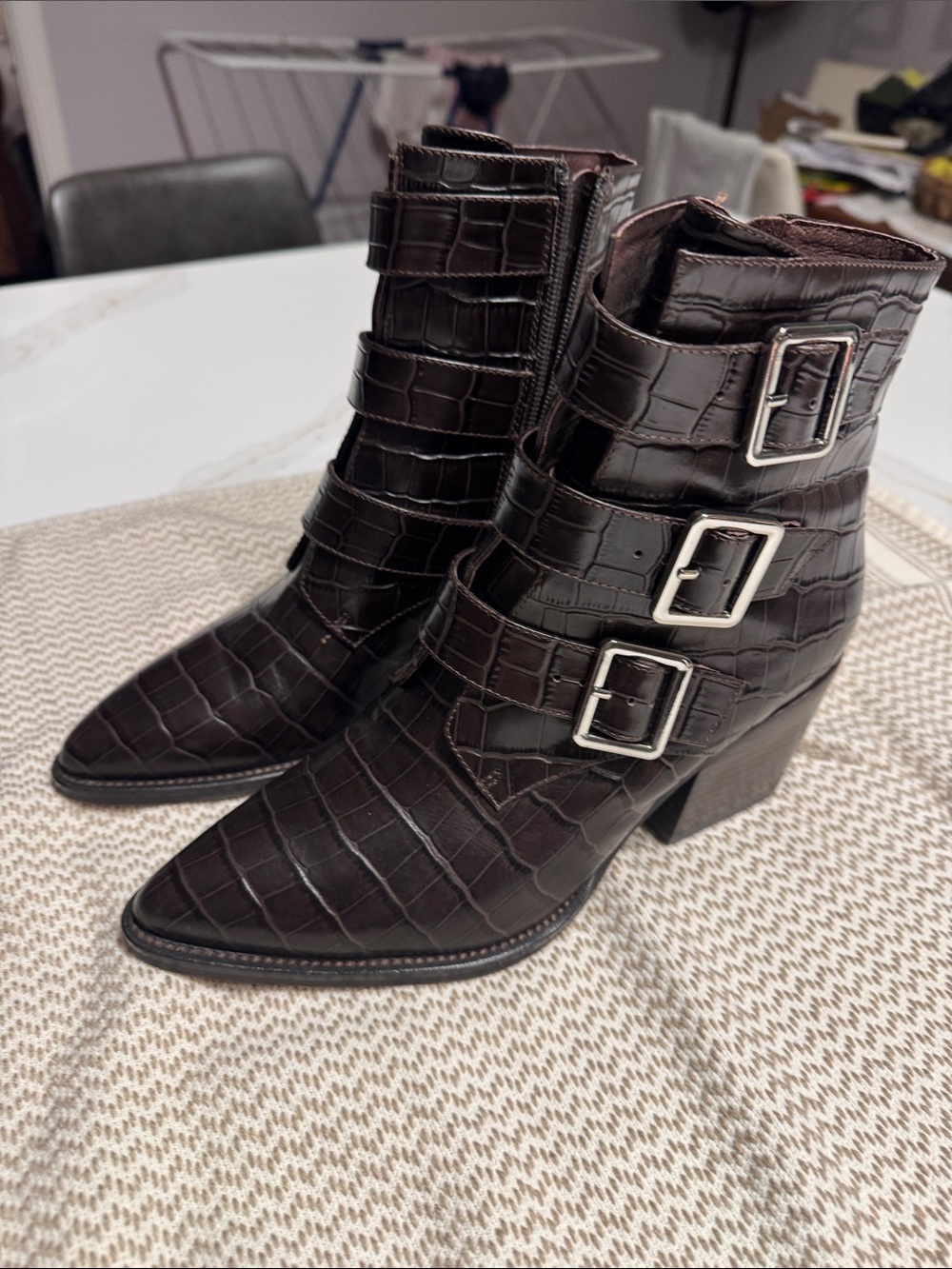 Croc-Embossed Buckle Ankle Booties in Dark Brown